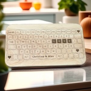 Erlenholz Schneidebrett mit detaillierter Tastatur-Gravur und Namen, personalisiertes Holzgeschenk für Hochzeit, Jahrestag oder Einzug