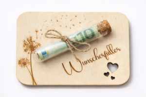 Geldgeschenk aus Holz „Wunscherfüller“ mit Reagenzglas für Geldscheine