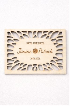 Save-the-Date Karte aus Holz zur Hochzeit mit Namensgravur und floralen Ausschnitten