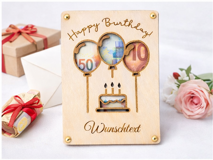 Geldgeschenk aus Holz zum Geburtstag – personalisierbarer Wunschtext mit Luftballon-Motiv – Bild 2