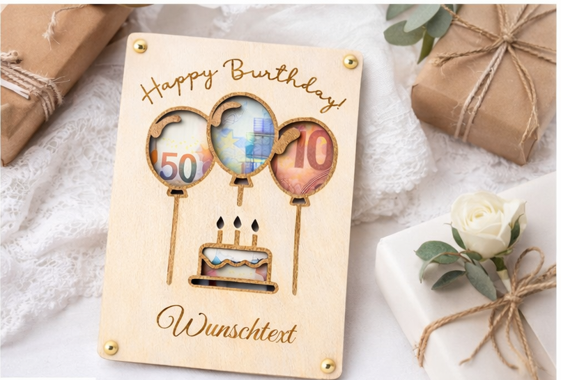 Geldgeschenk aus Holz zum Geburtstag – personalisierbarer Wunschtext mit Luftballon-Motiv – Bild 6
