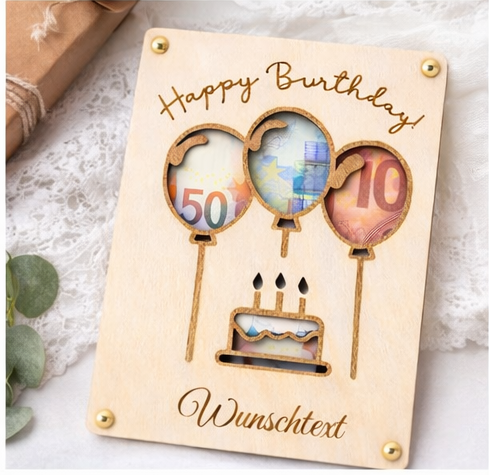 Geldgeschenk aus Holz zum Geburtstag – personalisierbarer Wunschtext mit Luftballon-Motiv – Bild 5