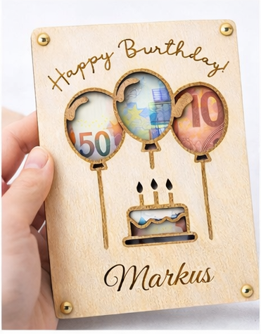 Geldgeschenk aus Holz zum Geburtstag – personalisierbarer Wunschtext mit Luftballon-Motiv – Bild 4