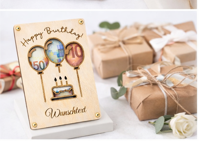 Geldgeschenk aus Holz zum Geburtstag – personalisierbarer Wunschtext mit Luftballon-Motiv – Bild 3
