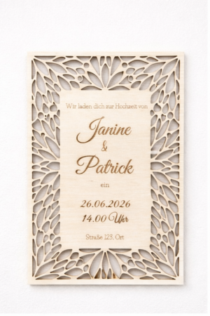 Hochzeitseinladung aus Holz mit Namensgravur und floralem Durchbruch