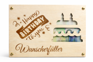 Geldgeschenk aus Holz zum Geburtstag – Wunscherfüller mit Kuchenmotiv und Gravur