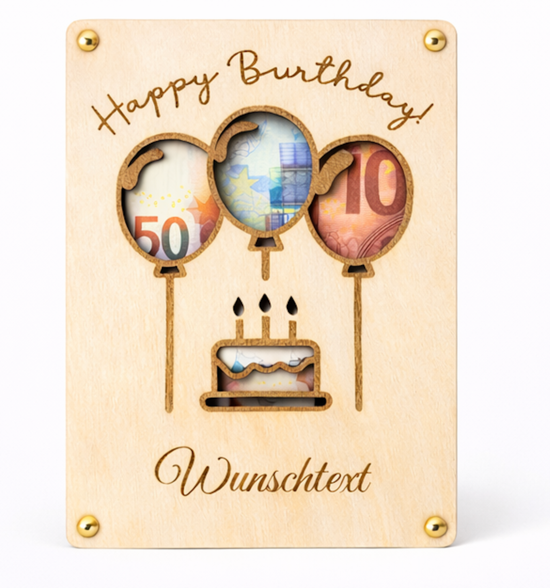 Geldgeschenk aus Holz zum Geburtstag mit Gravur „Happy Birthday“, Ballon-Motiv und Platz für Wunschtext